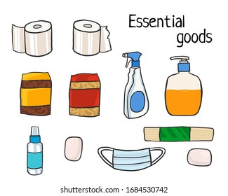 vector illustration of essential goods, purchase of goods in quarantine in an epidemic. important products for survival and fighting the virus epidemic