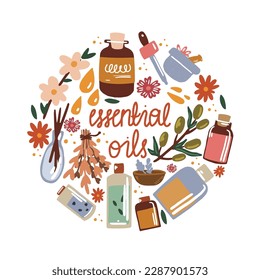 Vector illustration of essential oil. Bottles of oil and ingredients for relaxation, aromatherapy and massage.
