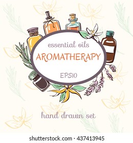 Vector illustration of essential oil bottles, aromatic plants and flowers. Hand drawn doodle objects on light neutral pattern background. Aromatherapy card and flier design.