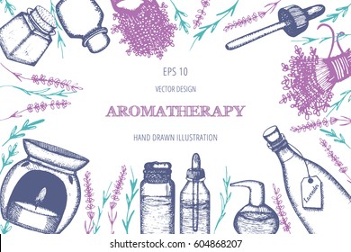 Vector illustration with essential oil bottles, aromatic plants and flowers. Aromatherapy card, flier or leaflet design.