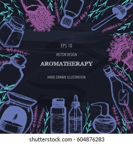 Vector illustration with essential oil bottles, aromatic plants and flowers. Aromatherapy card, flier or leaflet design.