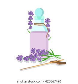 vector illustration of essential oil of lavender with sticks