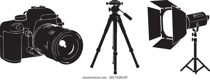 Vector illustration of essential photography gear, featuring a digital SLR camera, a camera tripod stand, and a studio light with barn doors for professional lighting setups.