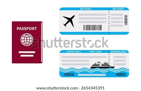 Vector illustration of essential travel documents including a passport, airplane ticket, and cruise boarding pass. Flat design style, ideal for travel agencies, booking services.