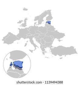 Vector illustration of Estonia in blue on the grey model of Europe map with zooming replica of country.