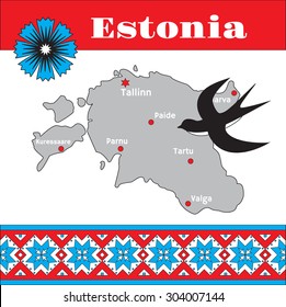 Vector illustration of Estonian traditional pattern, map and national symbols