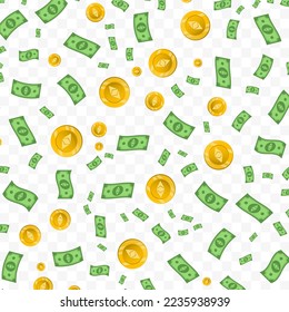 Vector illustration of Ethereum Classic money. Random pattern of banknotes and coins in green and gold colors on transparent background (PNG). 