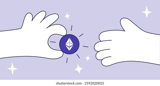 Vector illustration of an Ethereum Crypto Transaction Represented by Hands Sharing a Purple ETH Cryptocurrency Token