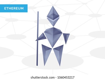 Vector illustration of ethereum cryptocurrency hero character on the white background with gray blockchain scheme