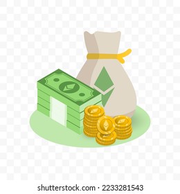 Vector illustration of Ethereum currency. Random pattern of banknotes and coins in green and gold colors on transparent background (PNG). 