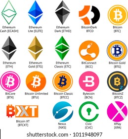 Vector Illustration Of Ethereum Gold Dark Classic Cash Bitcoin XT Bytecoin BitcoinZ BitCore Nexus Civic XPlay BitConnect Unlimited Cryptocurrency Coin / Virtual Money Icon / Logotype In Color 
