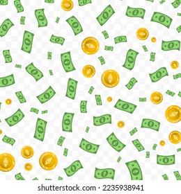 Vector illustration of Ethereum money. Random pattern of banknotes and coins in green and gold colors on transparent background (PNG). 