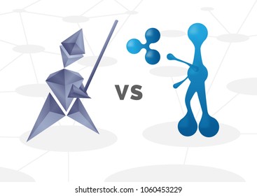 Vector illustration of ethereum and ripple cryptocurrency hero characters fighting on the white background with gray blockchain and network schemes