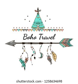 Vector illustration with ethnic arrow and feathers in boho style. Motivational poster with Travel on inscription, Freehand drawing.