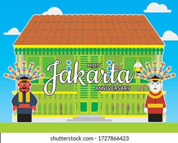 Vector illustration of ethnic Betawi traditional house and giant puppets 