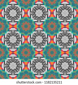 Vector illustration. Ethnic binary doodle texture. Curved doodling in blue, orange and gray colors. Tracery seamless pattern. Mehndi design.
