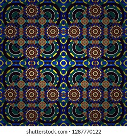 Vector illustration. Ethnic binary doodle texture. Tracery seamless pattern. Curved doodling in blue, black and yellow colors. Mehndi design.