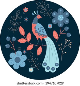 vector illustration of ethnic bird and flowers in orange and blue colour palette, main colour is blue, dark blue background