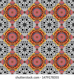 Vector illustration. Ethnic bohemian background in pink, blue and gray colors. Indian, Arabic, Islamic, Japanese motifs. Print for fabric. Mandala seamless pattern. Wrapping and scrapbook paper.