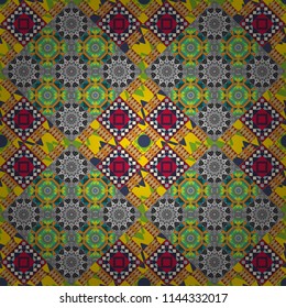 Vector illustration. Ethnic boho style. Native batik watercolor artistic yellow, beige and gray seamless pattern. Seamless hand drawn tribal tiles texture.