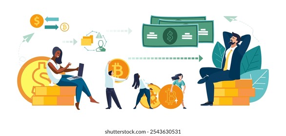 Vector illustration. Ethnic business people, African American woman and European businessman sit on gold coins, exchange between dollar and bitcoin.They conclude a financial agreement.Money conversion