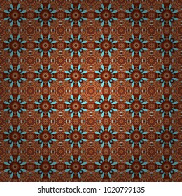 Vector illustration. Ethnic colorful doodle texture in red, brown and blue colors. Tracery seamless pattern in Mehndi style. Curved doodling background.