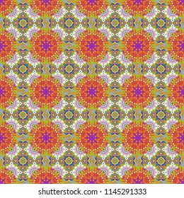 Vector illustration. Ethnic colorful doodle texture in yellow, violet and orange colors. Curved doodling background. Tracery seamless pattern in Mehndi style.