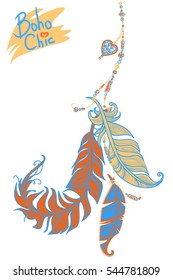 Vector illustration. Ethnic decorations with feathers and beads in bohemian style. Isolated on white background.