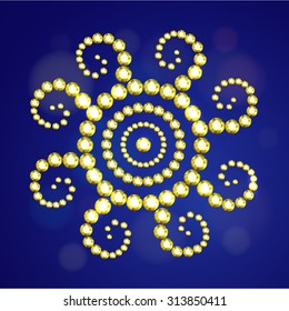 Vector illustration: ethnic decorative icon Sun made of yellow crystals isolated on dark blue background with bokeh circles