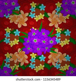Vector illustration. Ethnic floral seamless pattern in violet, orange and red colors with decorative primula flowers.