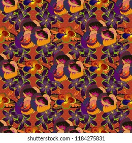 Vector illustration. Ethnic floral seamless pattern in purple, orange and brown colors with decorative poppy flowers.