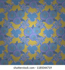 Vector illustration. Ethnic floral seamless pattern in yellow, gray and blue colors with decorative rose flowers and green leaves.
