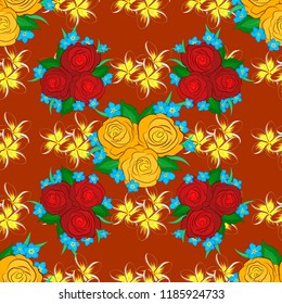Vector illustration. Ethnic floral seamless pattern in yellow, red and orange colors with decorative rose flowers and green leaves.
