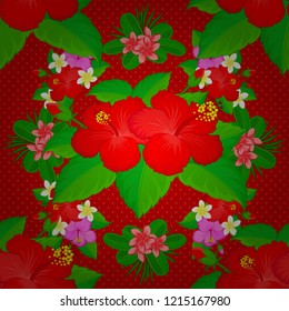 Vector illustration. Ethnic floral seamless pattern in green, pink and red colors with decorative hibiscus flowers.