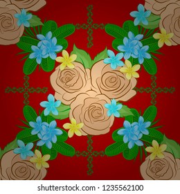 Vector illustration. Ethnic floral seamless pattern in beige, green and red colors with decorative rose flowers and green leaves.