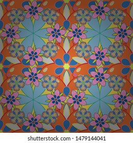 Vector illustration. Ethnic floral seamless pattern in orange, blue and pink colors.