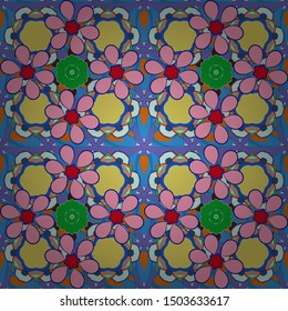Vector illustration. Ethnic floral seamless pattern in blue, yellow and pink colors.