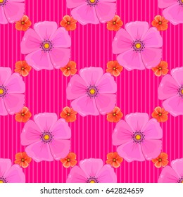 Vector illustration. Ethnic floral seamless pattern on a magenta background with decorative cosmos flowers.