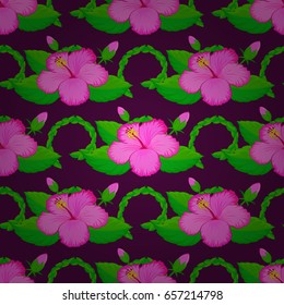 Vector illustration. Ethnic floral seamless pattern on a purple background with decorative hibiscus flowers.