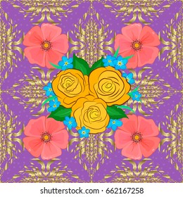 Vector illustration. Ethnic floral seamless pattern on a violet background with decorative rose flowers and green leaves.