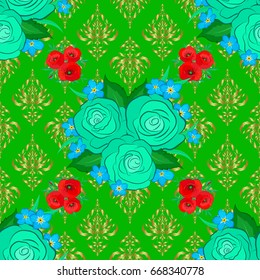 Vector illustration. Ethnic floral seamless pattern on a green background with decorative rose flowers and green leaves.