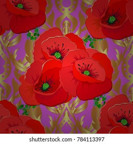 Vector illustration. Ethnic floral seamless pattern in brown, red and violet colors with decorative poppy flowers.