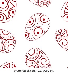 Vector illustration. Ethnic hand drawn colorful seamless pattern. Festive background with Easter linear eggs. Design of postcards, banners, textiles, wallpapers and other promotional products.