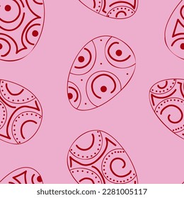 Vector illustration. Ethnic hand drawn colorful seamless pattern. Festive background with Easter linear eggs. Design of postcards, banners, textiles, wallpapers and other promotional products.