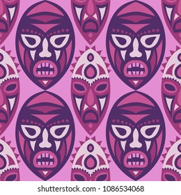 Vector Illustration. Ethnic Seamless Background with Ritual Masks for Card or Poster. Ethnic Seamless Background with Color Trible Ritual Masks for your Design. Vector Texture.
