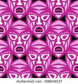 Vector Illustration. Ethnic Seamless Background with Ritual Masks for Poster or Banner. Ethnic Seamless Background with Color Trible Ritual Masks for your Design. Vector Texture.