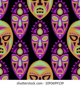 Vector Illustration. Ethnic Seamless Background with Ritual Masks for Poster or Banner. Ethnic Seamless Background with Color Trible Ritual Masks for your Design. Vector Texture.