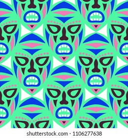 Vector Illustration. Ethnic Seamless Background with Ritual Masks for Print or Card. Ethnic Seamless Pattern with Color Trible Shamanic Masks for your Design. Vector Texture.