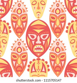 Vector Illustration. Ethnic Seamless Background with Ritual Masks for Textile or Paper. Ethnic Seamless Pattern with Color Trible Shamanic Masks for your Design. Vector Texture.