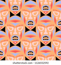 Vector Illustration. Ethnic Seamless Background with Ritual Masks for Print or Card. Ethnic Seamless Pattern with Color Trible Shamanic Masks for your Design. Vector Texture.